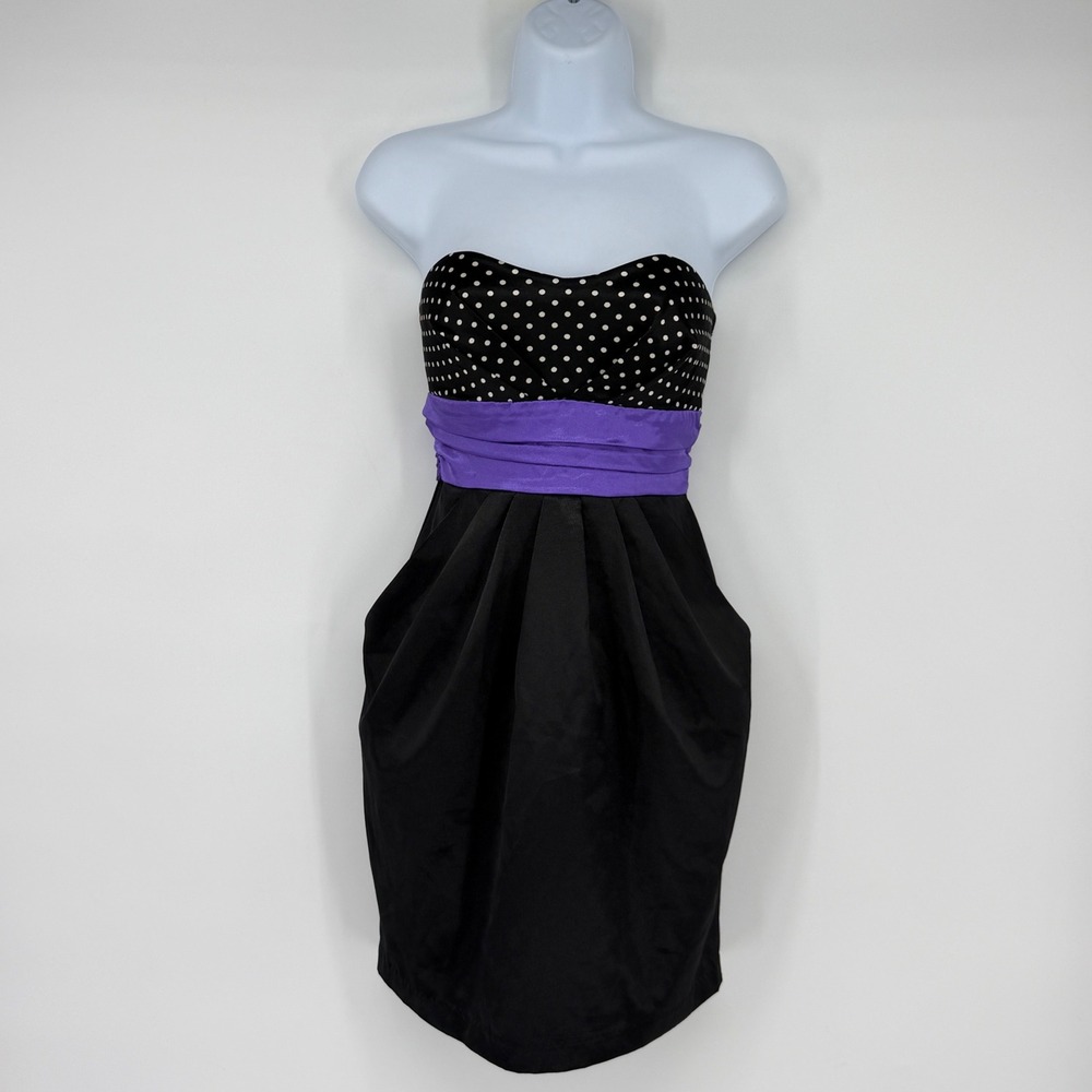 Ruby Rox Strapless Polka Dot Party Dress Womens Small Black Purple Pockets Y2K